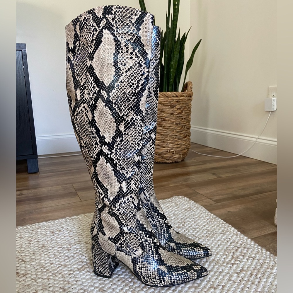 Marc Fisher Black and Cream Snakeskin Boots
